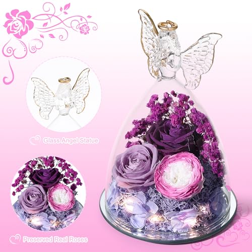 Mothers Day Rose Gifts for Women Preserved Real Flower in Glass Angel Figurines Roses for Delivery Prime Birthday Gifts for Mom Grandma Girlfriend Wife Her, Colorful Purple - color: Colorful Purple
