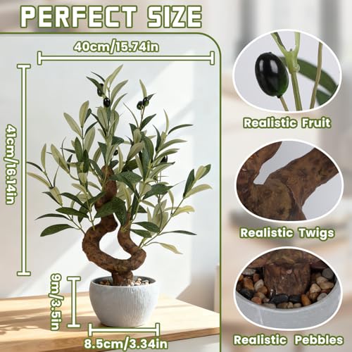 TOARTi Artificial Olive Tree Potted Plant with Stone Pot, 10" Tall Japanese Bonsai Tree Faux Plants Desk Plant, Realistic Greenery Decor for for Home Bedroom Bathroom Office Desk - color: Olive-single Stem Small Arc 10''
