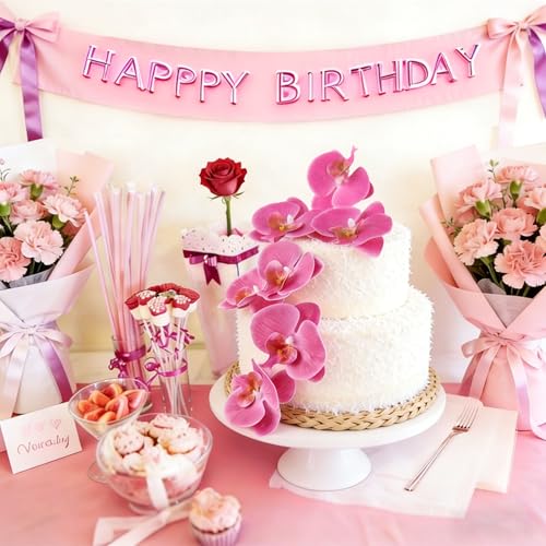8PCS Artificial Phalaenopsis Cake Toppers Rose Red Butterfly Orchid 3D Flowers Cake Decorations for Floral Wedding Bridal Engagement Women Birthday Mother's Day Party Decoration Supplies - color: Rose Red