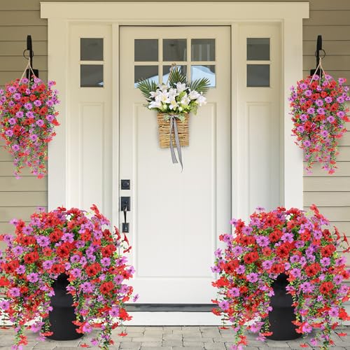 Artificial Fake Hanging Flowers Plants for Outdoor Outside Spring Summer Decoration 2PCS Faux Silk UV Resistant Realistic Mums Daisy with Eucalyptus for Home Porch Patio Balcony(Red & Magenta) - color: Magenta & Red