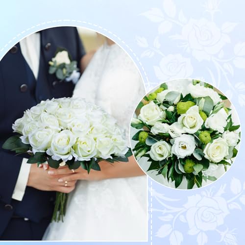 30pcs Fake Roses Artificial Silk Flowers Long Stems Bouquet for Wedding Bridal Shower Party Home Decoration (White) - color: White