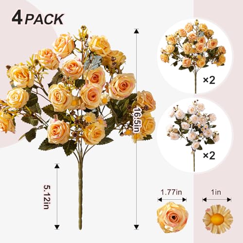 Artificial Rose Flowers for Outdoor 4 Bundles Rose Bouquet with Daisy Faux Flowers UV Resistant for Home Indoor Outside Garden Porch Window Box Balcony Yard Porch Fall Decor (White+Yellow) - color: White+yellow