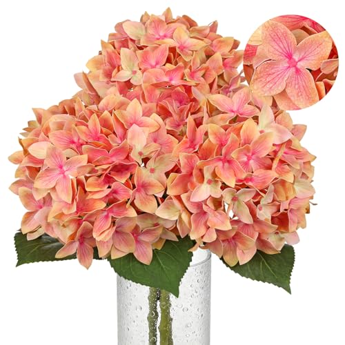 Artificial Hydrangea Flowers Real Touch Faux Hydrangeas Flower 7 Inch Large Hydrangea Heads with Unique Petal Shape, 23.6" Long Pink Hydrangeas Stems for Vase Wedding Home Table Centerpiece Decor - color: Whiskey