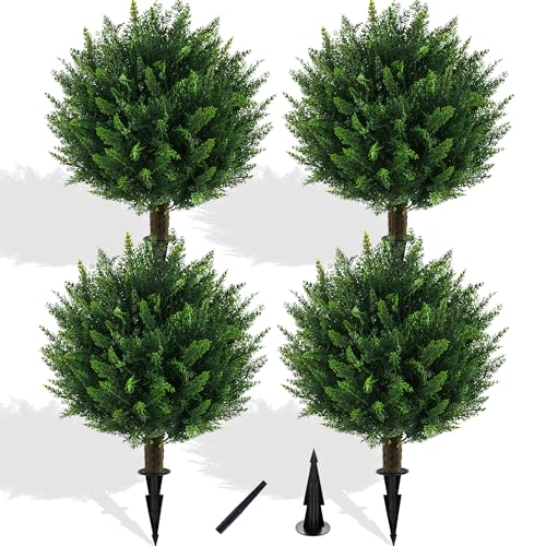 4PCS UV Resistant Fake Bushes Artificial Shrubs for Outdoors | Cedar Topiary Ball Trees / Faux Greenery / No Fade / Sturdy Build / No Maintenance / with Spike / Front Porch Decor - color: Cedar 4pack