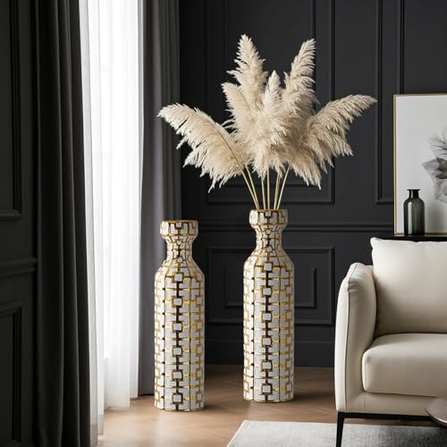 Pair of 24.4" Tall Ceramic Cylinder Vases with Geometric Gold Accents, Large Flower Vase, Decorative Vase - Modern White & Gold Floor Vases for Living Room, Entryway Decor (Set of 2) - color: White With Gold Set of 2