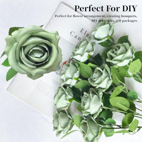 10 PCS Artificial Roses with Long Stems Silk Flowers Realistic Foam Flowers Fake Roses for Valentine's Day Autumn Fall Decor Halloween (Grass Green) - color: Grass Green