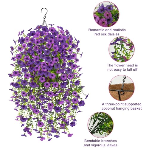 Zythrem 2 Set Artificial Hanging Flowers Basket for Outdoors Artificial Flowers for Outdoors 4 PCS Spring Summer Hanging Planter Basket for Porch Baclony Garden Front Door Decor (Purple)