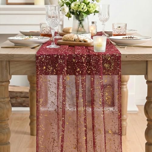 Artoid Mode Burgundy Gold Gauze Table Runner 120 Inch 10FT, Glitter Metallic Foil Sheer Dining Wedding Anniversary Holiday Birthday Table Decor for Home Party - color: Burgundy, size: 28" x 120"