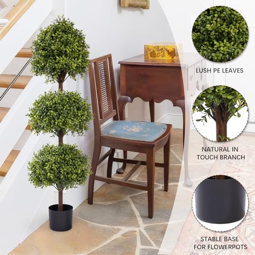 THE BLOOM TIMES 55" Tall Artificial Boxwood Triple Ball Topiary Trees, UV Resistant Large Fake Potted Plants for Outdoor Planter, Realistic Faux Bushes Shrubs for Front Porch Outside Decor Set of 2 - color: Boxwood-dgjl, size: 55 inch