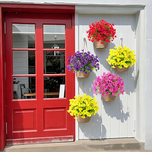 Ouddy Decor 24 Bundles Artificial Flowers for Outdoors Decoration Fake Silk Morning Glory Flowers Faux Eucalyptus Plants UV Resistant for Porch Patio Garden Spring Summer Home Decor, Multicolor - color: Multi Color