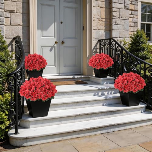 YXZZWL 16 Bundles Artificial Flowers for Front Door, Fake Silk Azalea Bouquet Silk Flowers for Outside UV Resistant Realistic Faux Plants for Planter Farmhouse Patio Garden Walkways Home Decor (Red) - color: Red