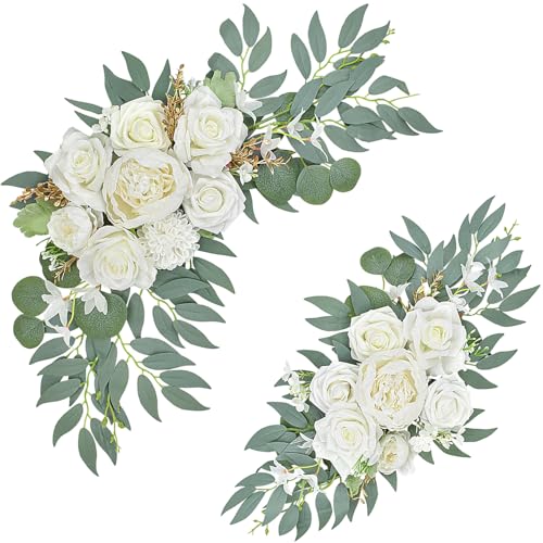 Wedding Arch Faux Flowers Set of 2, Wedding Welcome Signs Greenery Garland Decoration for Ceremony, Reception, Backdrop (White) - color: White