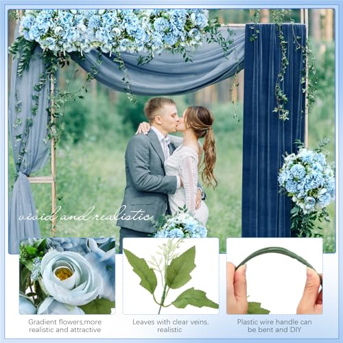 Tigeen Peonies Artificial Flowers Faux Roses Silk Flowers Hydrangea Artificial Bouquet for Wedding Table Centerpiece Floral Vase Home Office Bridal Decor(Blue,12 Bundles) - color: Blue