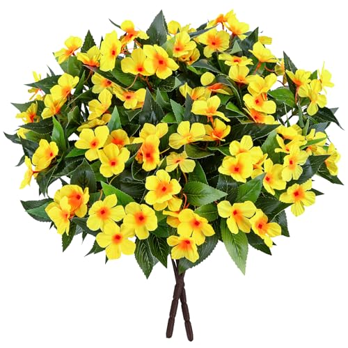 Roberly 6 Bundles Artificial Flowers for Outdoors, Faux Silk Catharanthus Roseus Flowers Bouquet Fake Greenery Plant for Spring Summer Garden Patio Porch Window Box Table Home Decor, Yellow - color: Yellow