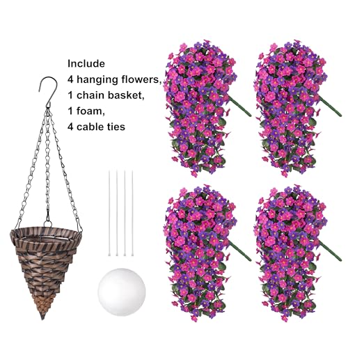 Artificial Fake Hanging Flowers with Basket for Outdoor Decoration,UV Resistant Faux Silk Daisy Flowers Dark Purple and Fuchsia Orchid Vines in Planter Realistic Hanging Baskets for Home Porch Garden - color: Dark Purple+fuchsia Daisy