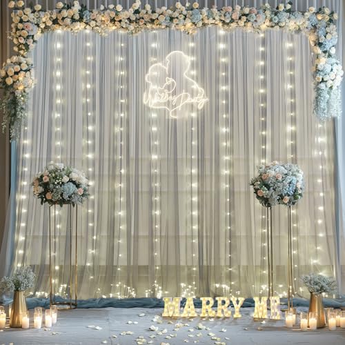 Silver Grey Tulle Backdrop Curtain with Lights String for Parites 10x8ft Sheer Backdrop Curtains for Birthday Party Bridal Shower Baby Shower Wedding Ceremony Prom Photo Booth Background Decorations - color: Silver Grey, size: 10 ft X 8 ft(2 Panels 5ft X