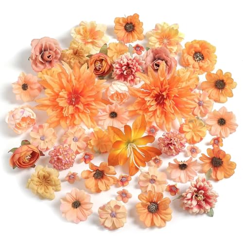 Fall Artificial Flower Heads Combo - 48pcs Orange Silk Flowers Bulk Faux Rose for Wedding Decor, Bridal Bouquets, Graduation Parties, Cake Toppers & Home DIY Crafts - color: Orange 1