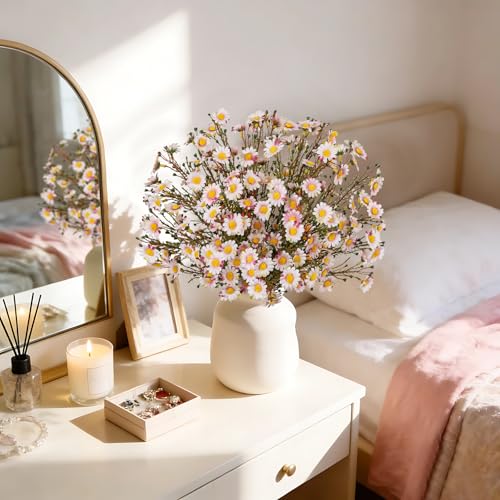 UV Resistant Pink Daisy Artificial Flowers Lush 4 Bouquets Silk Fake Daisies, 14" UV Protected Faux Daisy Flowers for Indoor & Outdoor Vase, Planter, Floral Arrangements, Centerpieces, Wedding Decor - color: Pink