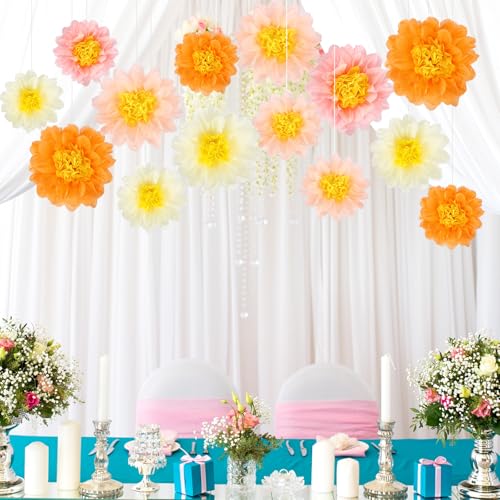 BestoFun 14 PCS Peach, Pink & Orange Tissue Paper Flowers – Party Decorations for Birthday, Baby Shower, Wedding, Fiesta, and Holiday Events - color: Pink Orange