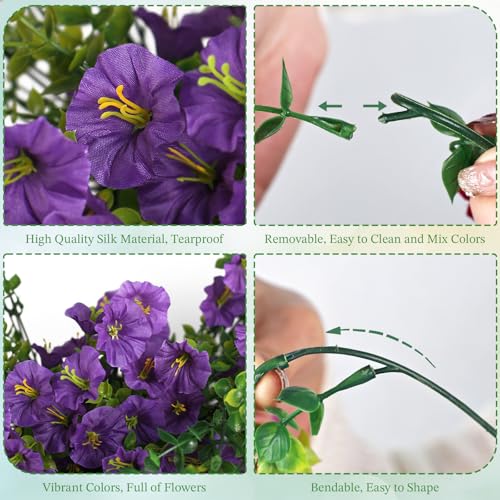 Artificial Hanging Flowers for Outdoors, 6Pcs UV Resistant Morning Glory Vines Fake Flowers with Eucalyptus, Realistic Silk Faux Hanging Plants Decor for Outside Planter Porch Patio (Purple) - color: Purple
