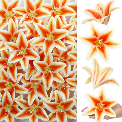 Suncalla 30 Pack Large Artificial Lilies Flower Heads with Realistic Stamens 5.9" Faux Fake Lily Flower Heads Bulk for DIY Crafts Cake Wedding Bridal Wreaths Table Home Party Decor (Orange) - color: Orange
