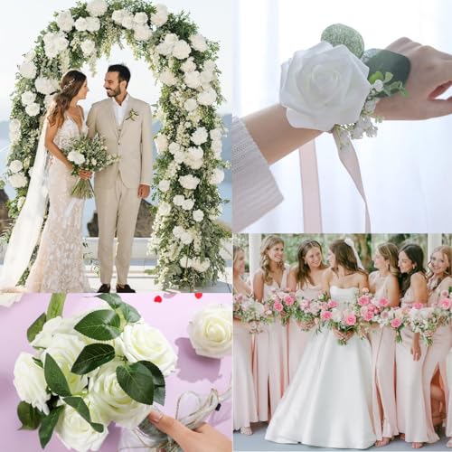 Artificial Flowers Roses with Stems for DIY Wedding Christmas Tree Bouquet Baby Shower Centerpiece Floral Arrangement Party Home Decor Mothers Day Decorations (Cream, 25) - color: Cream, size: 25