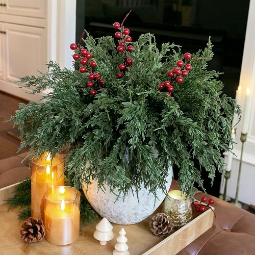 Cedar Stems Artificial Norfolk Pine Branches for Christmas Decor, 12 PCS Fake Pine Stems with 3 PCS Red Berries Branches Realistic Fake Plants Faux Greenery for Vases DIY Garland Xmas Table Indoor - color: 12 Pcs Cedar Stems, 3 Pcs Red Berry Stems