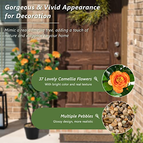 Goplus 40” Artificial Camellia Tree, 2 Pack Flower Plants Artificial Tree, Faux Floral Plant Blooming Tree in Cement Pot, Greenery Potted Plant for Indoor Outdoor Office Home Porch Decor - color: Orange, size: 40 inch×2