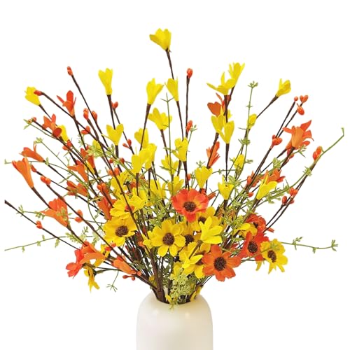 RHN Fall Decorations for Home,6 Pcs Fall Flowers Artificial with Daisies Forsythia Flowers Berry Leaf Stem for Autumn Harvest Thankgiving Home Table Vase Centerpiece Decor（Yellow Orange） - color: Yellow Orange