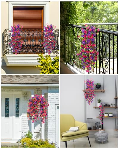 UV Resistant Cascading Artificial Hanging Flowers for Outdoors Decoration,4 Bundles NO Fade Realistic Faux Silk Plants Colorful Morning Glory for Outside Garden Yard Planter Front Porch Decor - color: Rose+purple