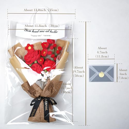 Crochet Flower Bouquet, Handmade Knitted Red Rose Faux Crochet Flowers for Home Decor Valentine’s Day Anniversary Weddings Birthdays Mother’s Day, Includes Gift Bag and Greeting Card (Rose) - color: Red