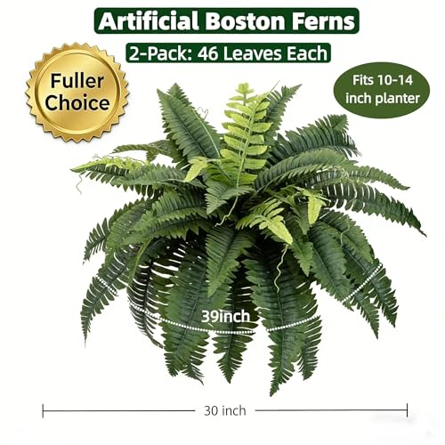 2PCS Full & Lifelike Artificial Boston Ferns, 30" UV Resistant Fake Fern Plants for Outdoors, 46 Fronds Each (92 Total) Faux Fern for Hanging Planters, Porch, Patio Poolside Indoor Outside Decor - size: 30INCH(2PACK)
