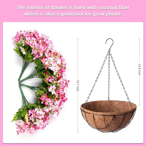 INXUGAO Artificial Silk Flowers Hanging Baskets Outdoors Indoors,Chrysanthemum with Eucalyptus Leaves Arrangement for Garden Yard Spring Summer Decor,Faux Plant in Metal Coconut Lining Flowerpot(Pink) - color: B-pink