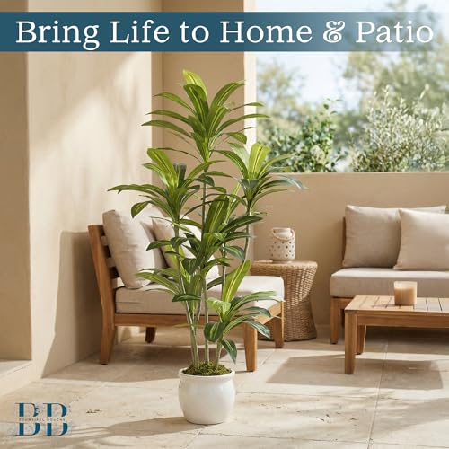 Dracaena Artificial Tree with Small Black Pot & Moss – Lifelike Natural Look, Maintenance-Free, Indoor & Outdoor Plant for Home, Office, Balcony & Patio (5ft, Standard Black Plastic Base)