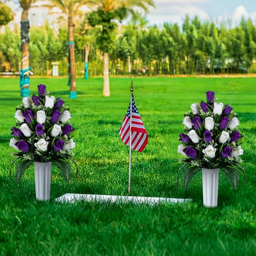 XONOR 2 Sets Artificial Cemetery Flowers, Grave Decorations Roses, Memorial Flowers Bouquet with Vase for Grave Cemetery Decoration (Dark Purple&White) - color: Dark Purple&white