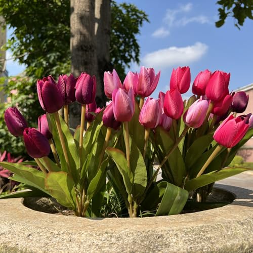 Artificial Fake Flowers for Spring Summer Outdoor Decoration,6 Bundles Realistic UV Resistant Silk Fabric Colorful Tulip Faux Plants for Outside Planter Home Porch Patio Decor(Pink Purple) - color: Pink Purple Dark Purple