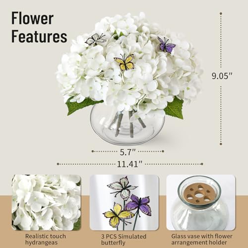 Leftover Hydrangea Artificial Flowers with Vase,White Real Touch Hydrangea Flowers with Butterfly,Faux Hydrangea Flowers for Floral Centerpieces for Tables,Home Decor,Wedding Decor,Coffee Table Decor - color: White Hydrangea
