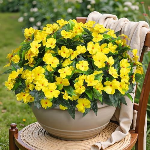 Ouddy Decor 6 Bundles Artificial Impatiens Flowers for Outdoors Decoration, Silk Flowers Bouquet Fake Plants UV Resistant for Spring Summer Garden Porch Window Box Balcony Home Decor, Yellow - color: Yellow