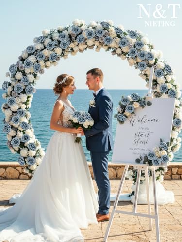 N&T NIETING Artificial Flowers, 50pcs Foam Roses Fake Flowers DIY Wedding Party Cake Decoration, Home Display, Dusty Blue Gray - color: Dusty Blue, size: 50pcs