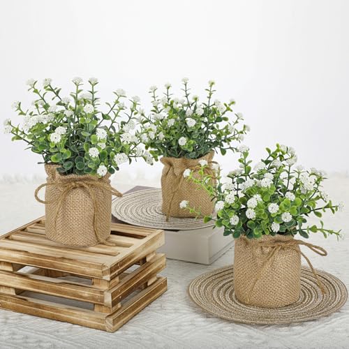 Artificial Mini Potted Flowers Set of 3, Faux Baby’s Breath Plant with Burlap Pot, Small Fake Greenery Desk Decor for Home Office Shelf Table Centerpiece, Rustic Farmhouse Wedding Spring Decorations - color: White-burlap