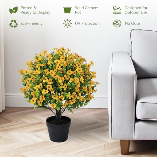 24" Artificial Potted Plants Outdoor Set of 2, UV Resistant Faux Yellow Daisy Mums Flowers with Eucalyptus, Decorative Plants in Pots for Front Porch, Patio & Entryway - color: Yellow, size: 24in Daisy Eucalyptus