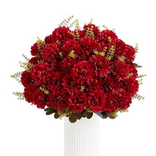 18 Heads Red Artificial Chrysanthemum Flowers Fake Mums Red Kiku Ball Flowers Bouquet Silk Chrysanthemums for Indoor Outdoor Table Centerpiece Vase Wedding Decoration, 2 Pcs - color: Red Chrysanthemum