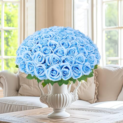 72 Pcs Artificial Roses Aqua Blue Fake Silk Roses Realistic Roses Faux Flower Indoor Wedding Home Decor, Birthday Decorations - color: Aqua Blue