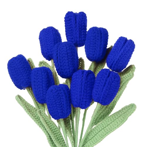 MECCANIXITY Tulip Crochet Flowers, Artificial Knitted Tulip Flower Completed Handmade Tulips Bouquet for Gift Home Birthday Wedding Decoration, Sapphire Blue Pack of 10 - color: Sapphire Blue