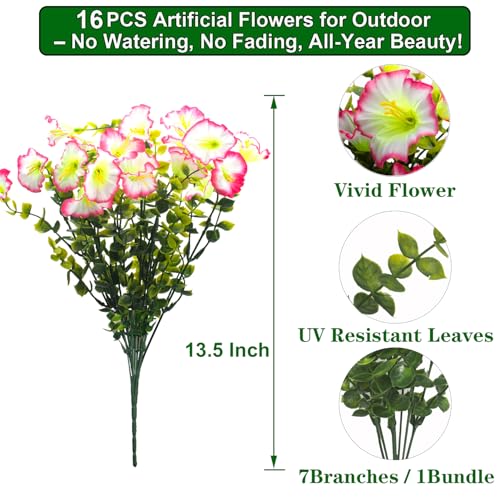 Grunyia Artificial Morning Glory Flowers - UV Resistant Pink Faux Silk Plastic Fake Flower Bundles for Outdoor Indoor Porch Patio Planter Window Box Garden Home Decor - color: Pink