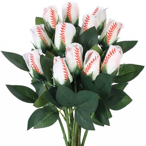 Suhine 12 Pcs Artificial Baseball Rose Flowers Sports Party Favors Bulk for Birthday Graduation Wedding Party Decorations Table Centerpieces Game Prizes Senior Night Gifts(Baseball Color, Normal) - color: Baseball Color, size: Normal