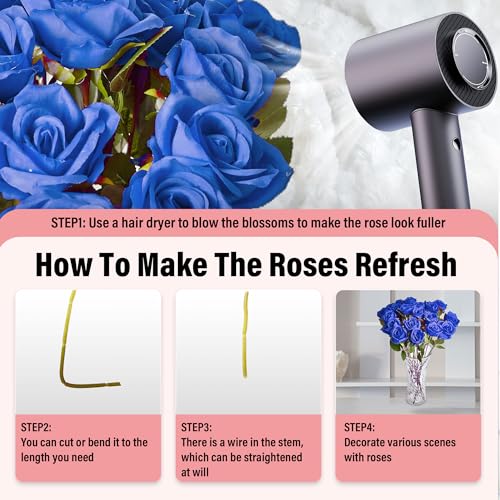 20PCS Artificial Roses with Long Stems - Realistic Silk Flowers, Fake Roses Real Touch Bouquet of Roses for Mother's Day Home Decor, Bridal Wedding Party, Bulk Faux Rose Flowers (Royal Blue) - color: Royal Blue, size: 20 PCS