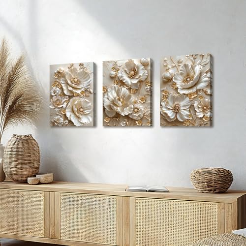 3 Pcs Modern Beige Gold Peony Floral Canvas Wall Art, Neutral Elegant 3d Beige Flowers Wall Painting White Blooming Floral Pictures Posters Art Print Home Decor for Bedroom Living Room Office 12"x16"x3 - color: Flower-gold peony, size: 12"x16"x3Pcs