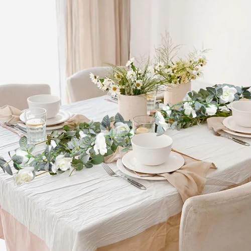 Flower Garland Rose Vine 4Pcs 28FT Artificial Floral Garland with Green Leaves Hanging Rose Vine for Wedding Party Garden Home Wall Decor (White) - color: White