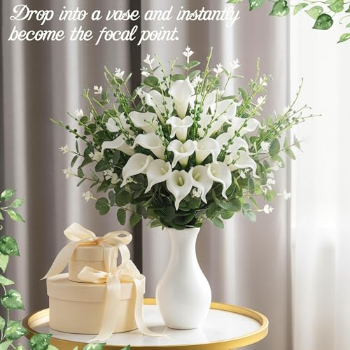Suncalla 24 Pcs Artificial Calla Lily Flowers Bulk with Faux Eucalyptus Leaves Greenery Stems Jasmine White Calla Lilies Tulips Leaves Branches for DIY Bouquets Floral Arrangement Home Decor